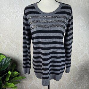 DKNY Size Medium Black Gray Vertical Striped Pullover Sweater Sequin Accents